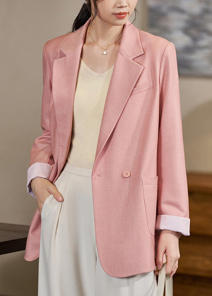 Stylish Pink Notched Double Breast Pockets Spandex Coats