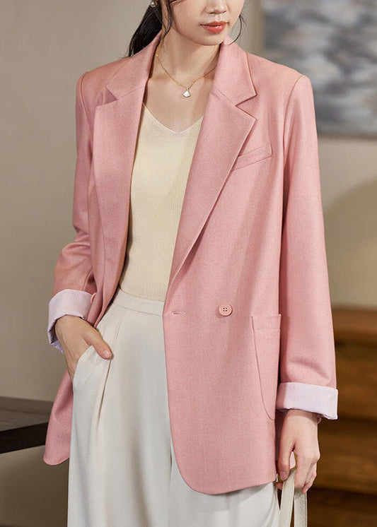 Stylish Pink Notched Double Breast Pockets Spandex Coats