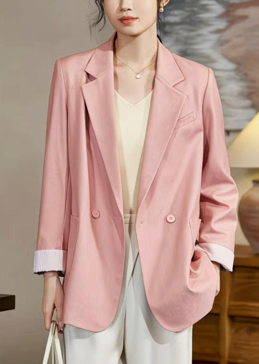 Stylish Pink Notched Double Breast Pockets Spandex Coats
