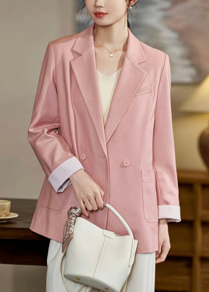 Stylish Pink Notched Double Breast Pockets Spandex Coats