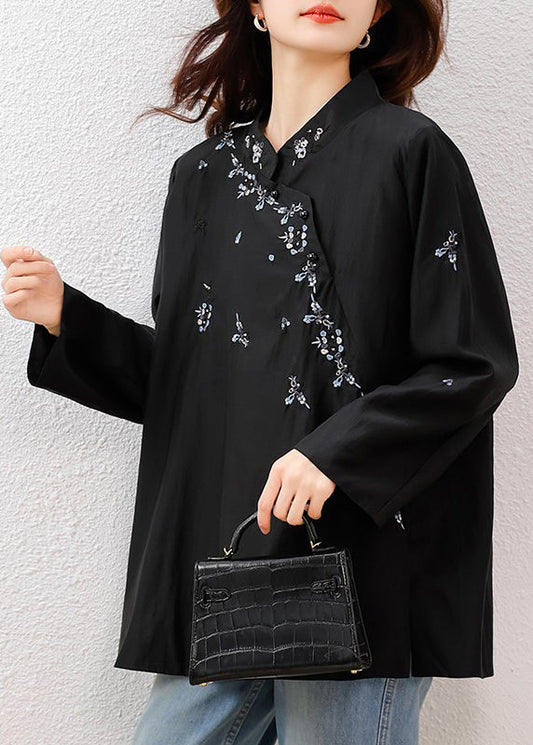 Vintage Black Mandarin-Collar Embroidered Cotton Tops