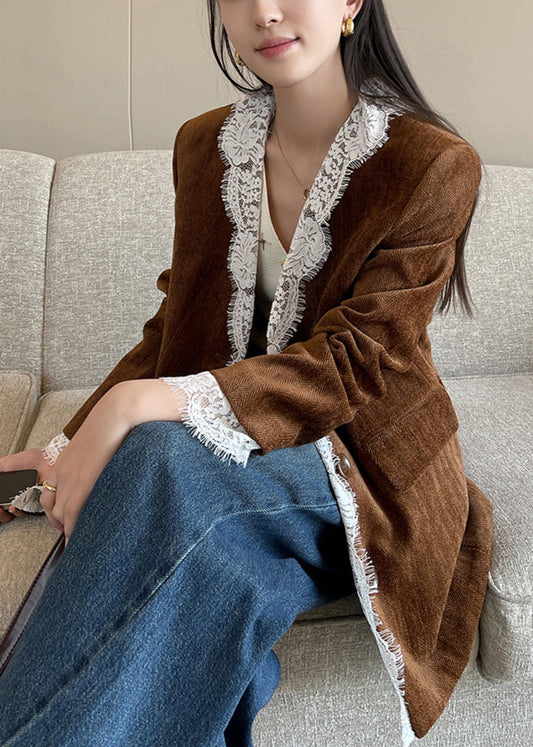 Vintage Brown Button Lace Patchwork Silk Velvet Coats