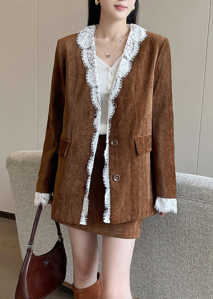 Vintage Brown Button Lace Patchwork Silk Velvet Coats
