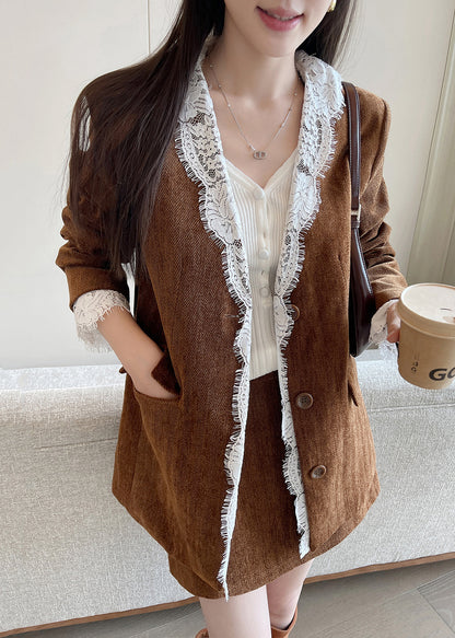 Vintage Brown Button Lace Patchwork Silk Velvet Coats