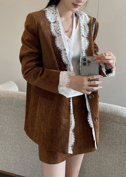 Vintage Brown Button Lace Patchwork Silk Velvet Coats