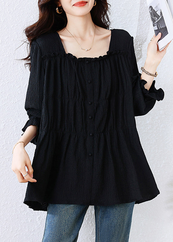 Black Square-Collar Wrinkled Cotton Shirt Top