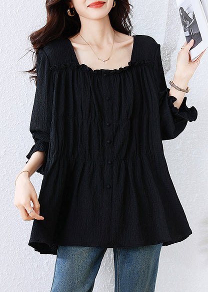 Black Square-Collar Wrinkled Cotton Shirt Top