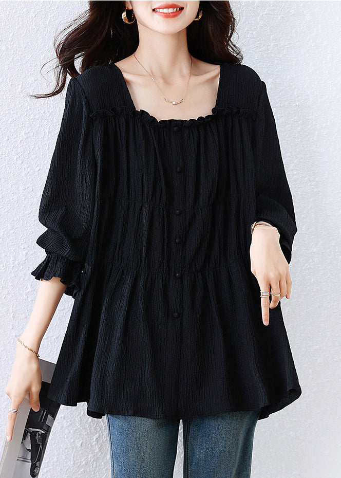 Black Square-Collar Wrinkled Cotton Shirt Top