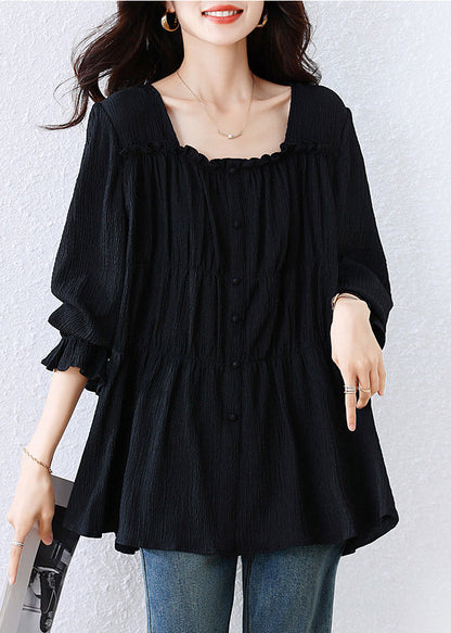 Black Square-Collar Wrinkled Cotton Shirt Top