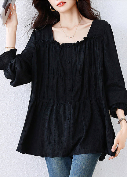 Black Square-Collar Wrinkled Cotton Shirt Top