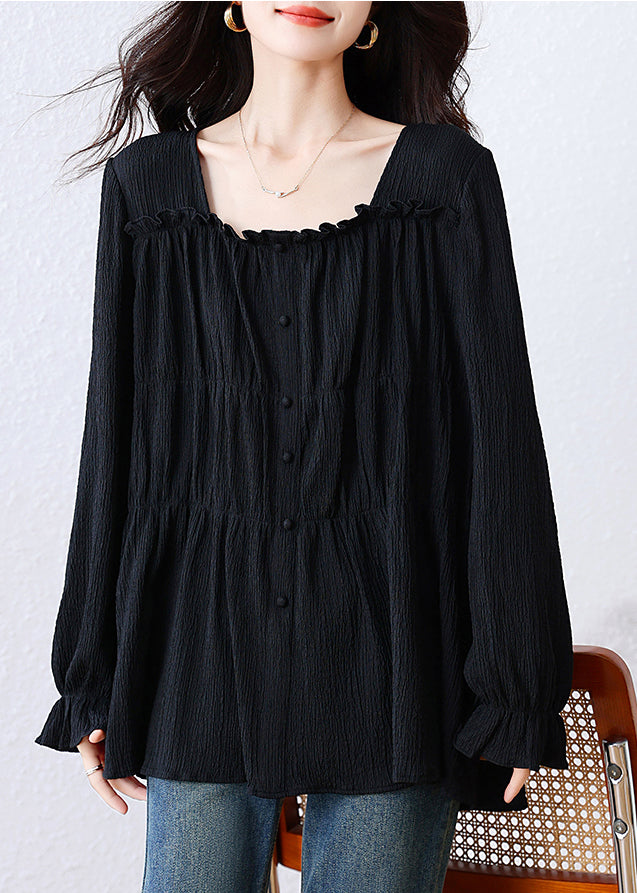 Black Square-Collar Wrinkled Cotton Shirt Top
