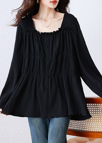 Black Square-Collar Wrinkled Cotton Shirt Top