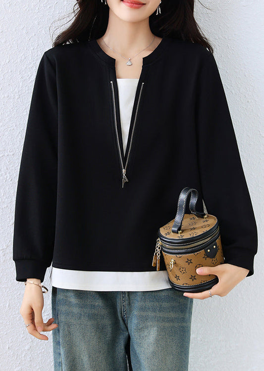 Black Zip Up Patchwork Cotton Fake Two-Piece Sweatshirt Top