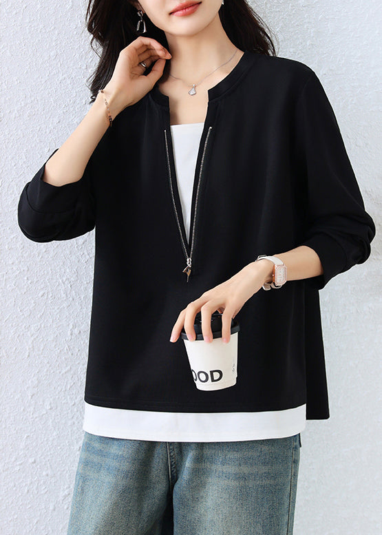 Black Zip Up Patchwork Cotton Fake Two-Piece Sweatshirt Top
