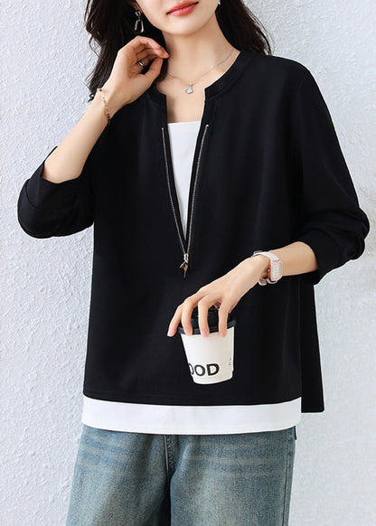 Black Zip Up Patchwork Cotton Fake Two-Piece Sweatshirt Top