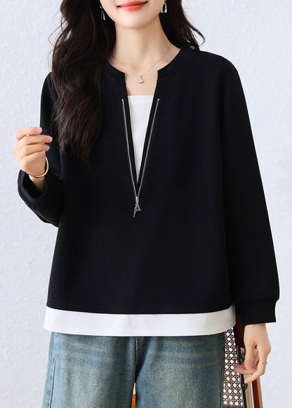 Black Zip Up Patchwork Cotton Fake Two-Piece Sweatshirt Top