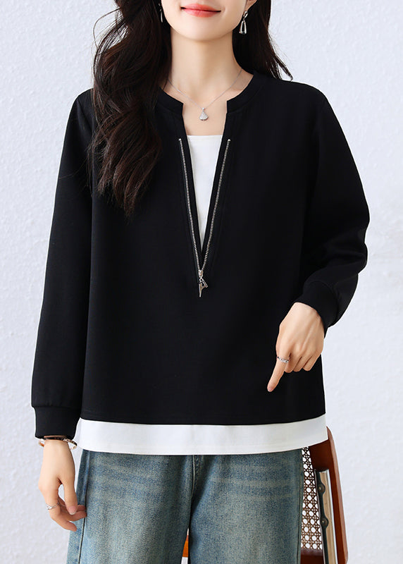 Black Zip Up Patchwork Cotton Fake Two-Piece Sweatshirt Top