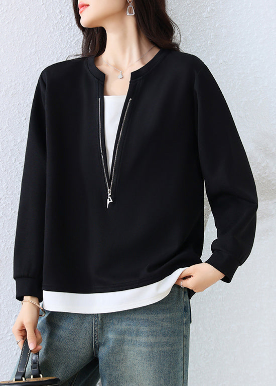 Black Zip Up Patchwork Cotton Fake Two-Piece Sweatshirt Top