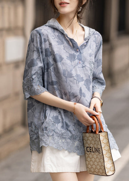 Blue Hooded Patchwork Lace Loose Sweatshirt