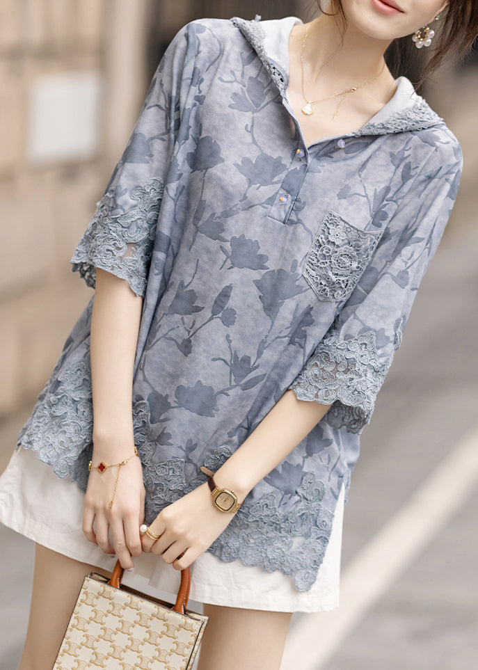 Blue Hooded Patchwork Lace Loose Sweatshirt