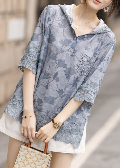 Blue Hooded Patchwork Lace Loose Sweatshirt