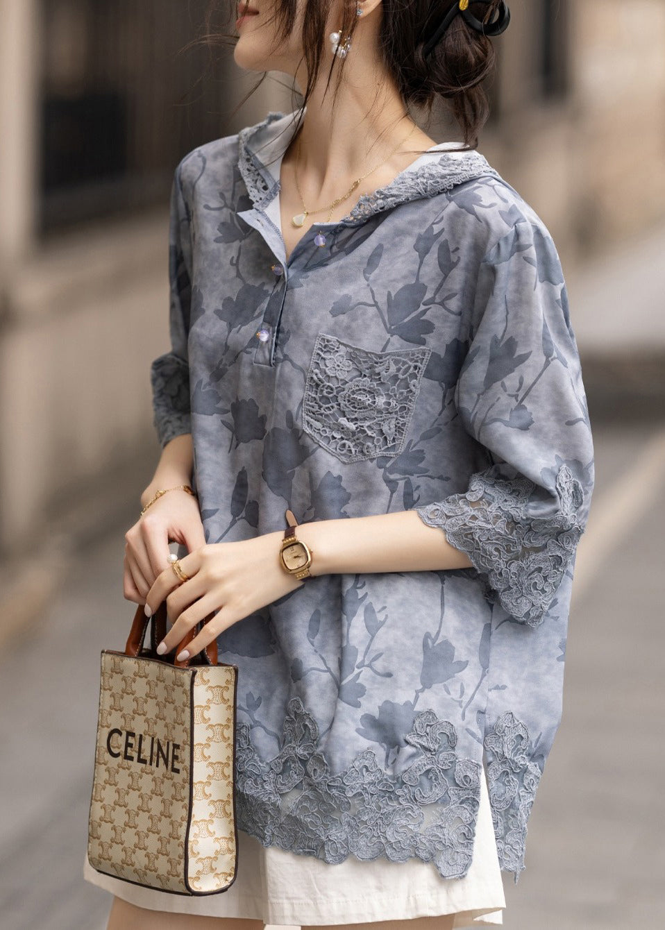 Blue Hooded Patchwork Lace Loose Sweatshirt