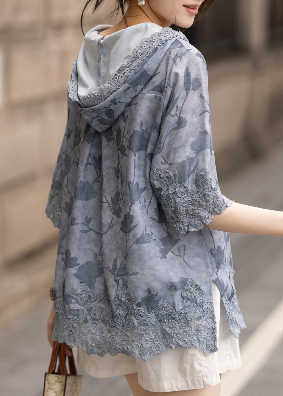 Blue Hooded Patchwork Lace Loose Sweatshirt