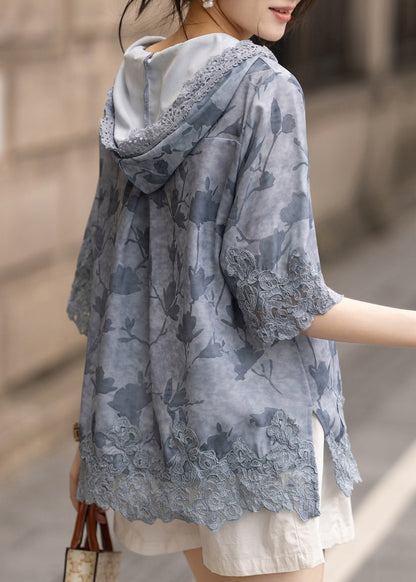 Blue Hooded Patchwork Lace Loose Sweatshirt