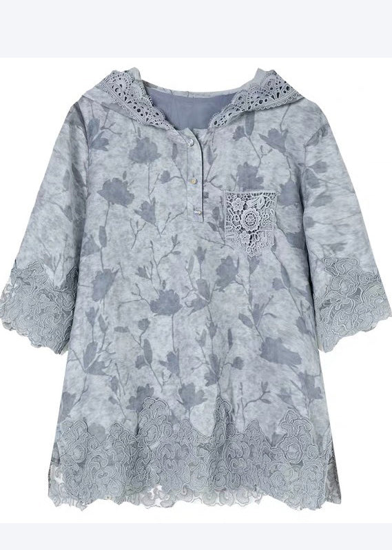 Blue Hooded Patchwork Lace Loose Sweatshirt