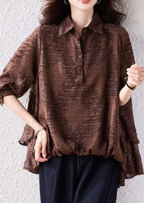 Brown Oversized Jacquard Chiffon Blouse Top