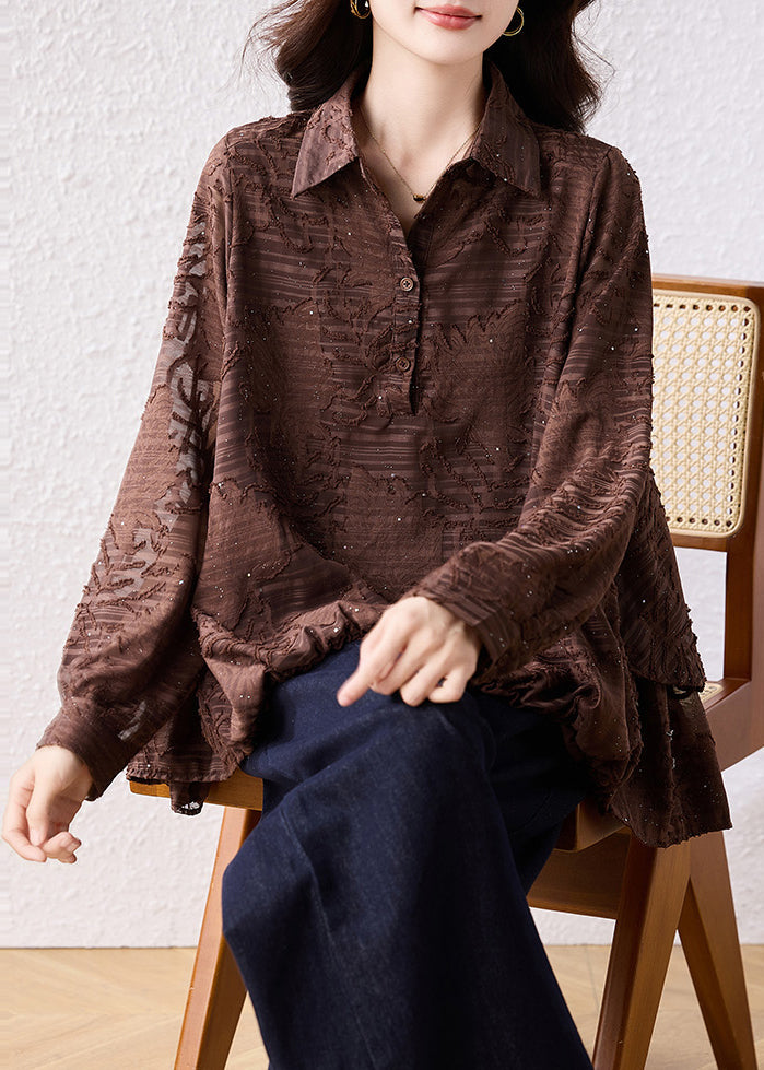 Brown Oversized Jacquard Chiffon Blouse Top