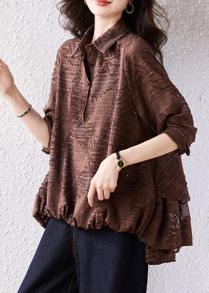Brown Oversized Jacquard Chiffon Blouse Top