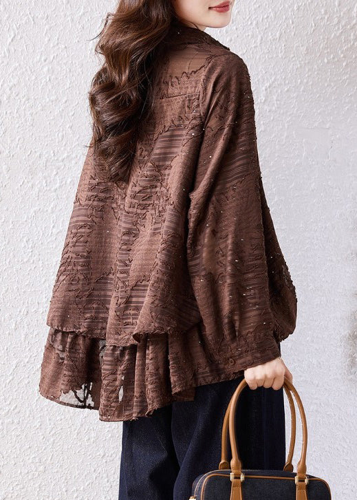 Brown Oversized Jacquard Chiffon Blouse Top