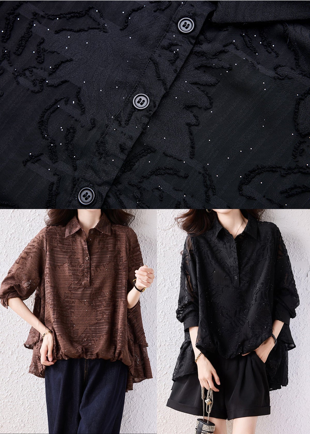 Brown Oversized Jacquard Chiffon Blouse Top