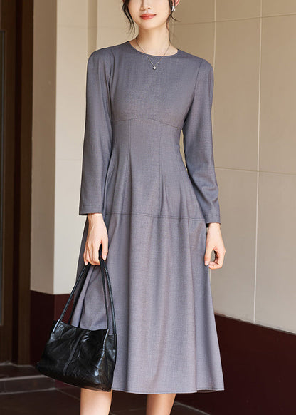 Grey O-Neck High Waist Solid Woolen Long Dress