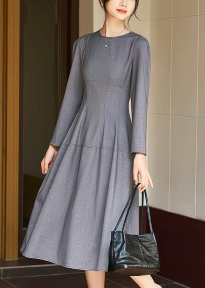 Grey O-Neck High Waist Solid Woolen Long Dress