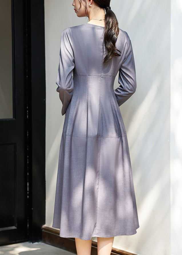 Grey O-Neck High Waist Solid Woolen Long Dress