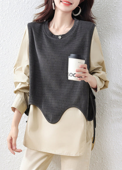 Khaki Oversized Patchwork Cotton Fake Two-Piece Tops