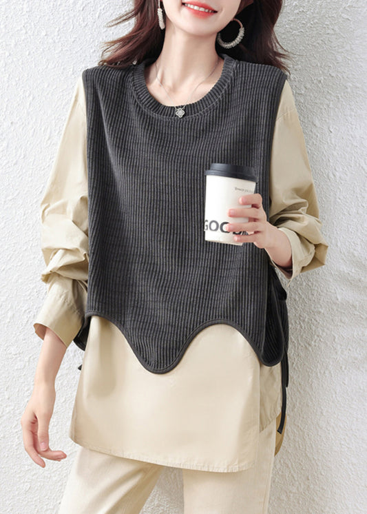 Khaki Oversized Patchwork Cotton Fake Two-Piece Tops