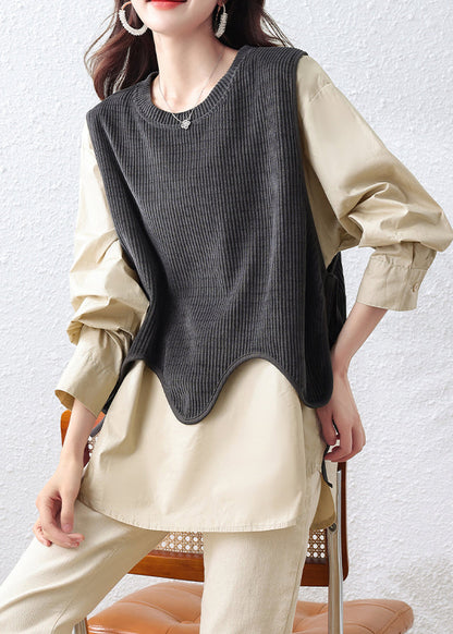 Khaki Oversized Patchwork Cotton Fake Two-Piece Tops