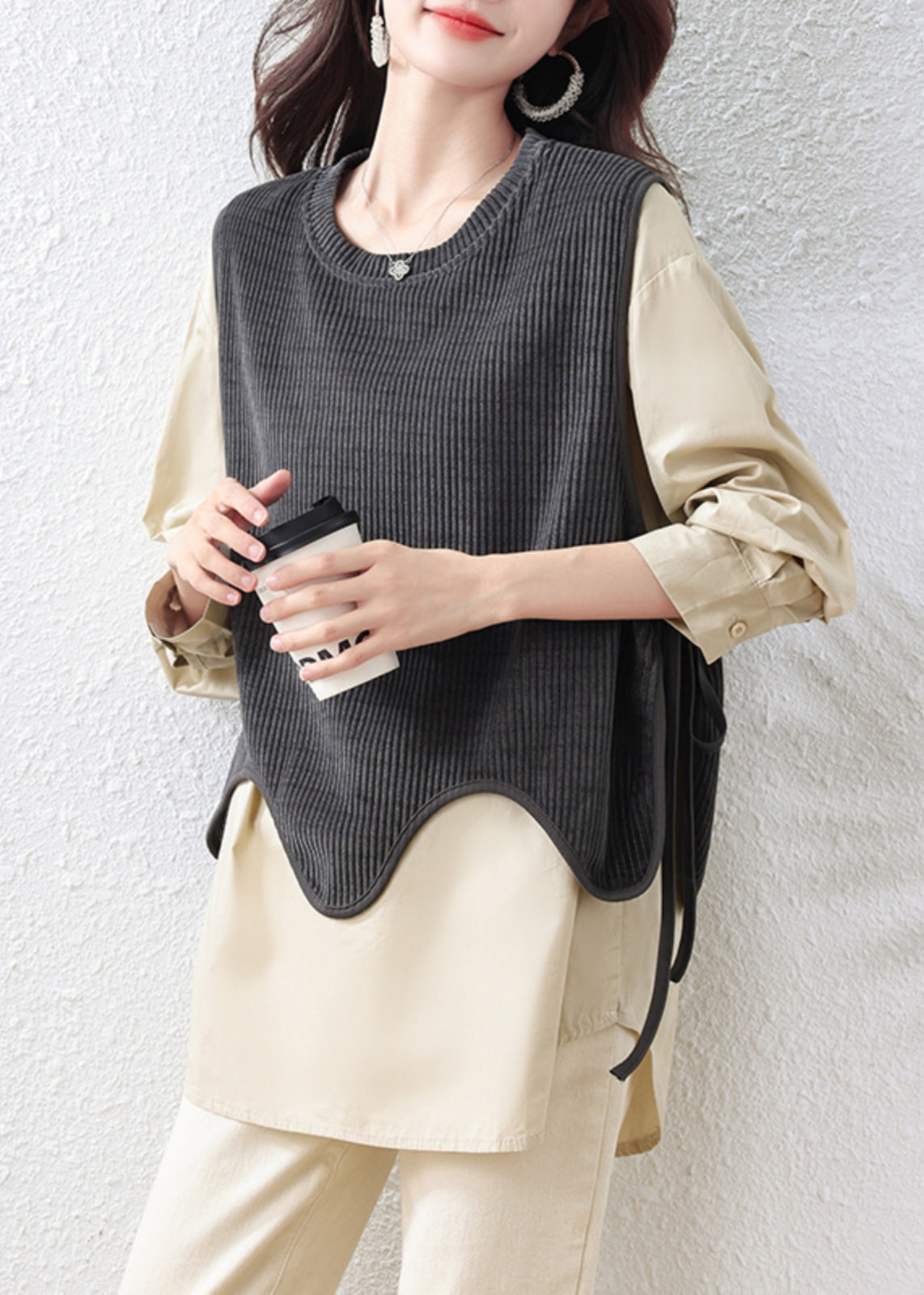 Khaki Oversized Patchwork Cotton Fake Two-Piece Tops