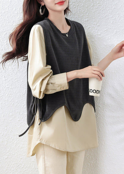 Khaki Oversized Patchwork Cotton Fake Two-Piece Tops