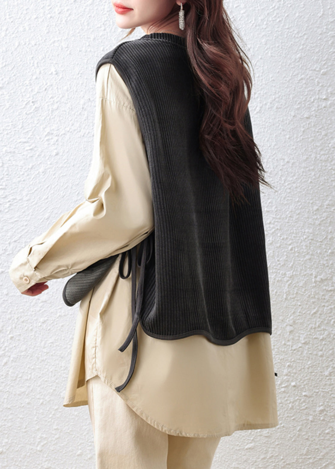 Khaki Oversized Patchwork Cotton Fake Two-Piece Tops
