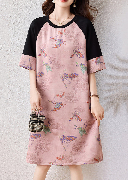 Pink Butterfly Patchwork Cotton A Line Dresses Half Sleeve