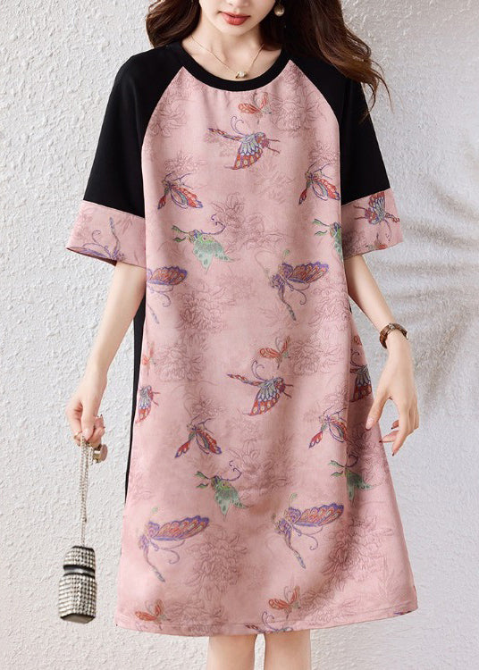 Pink Butterfly Patchwork Cotton A Line Dresses Half Sleeve