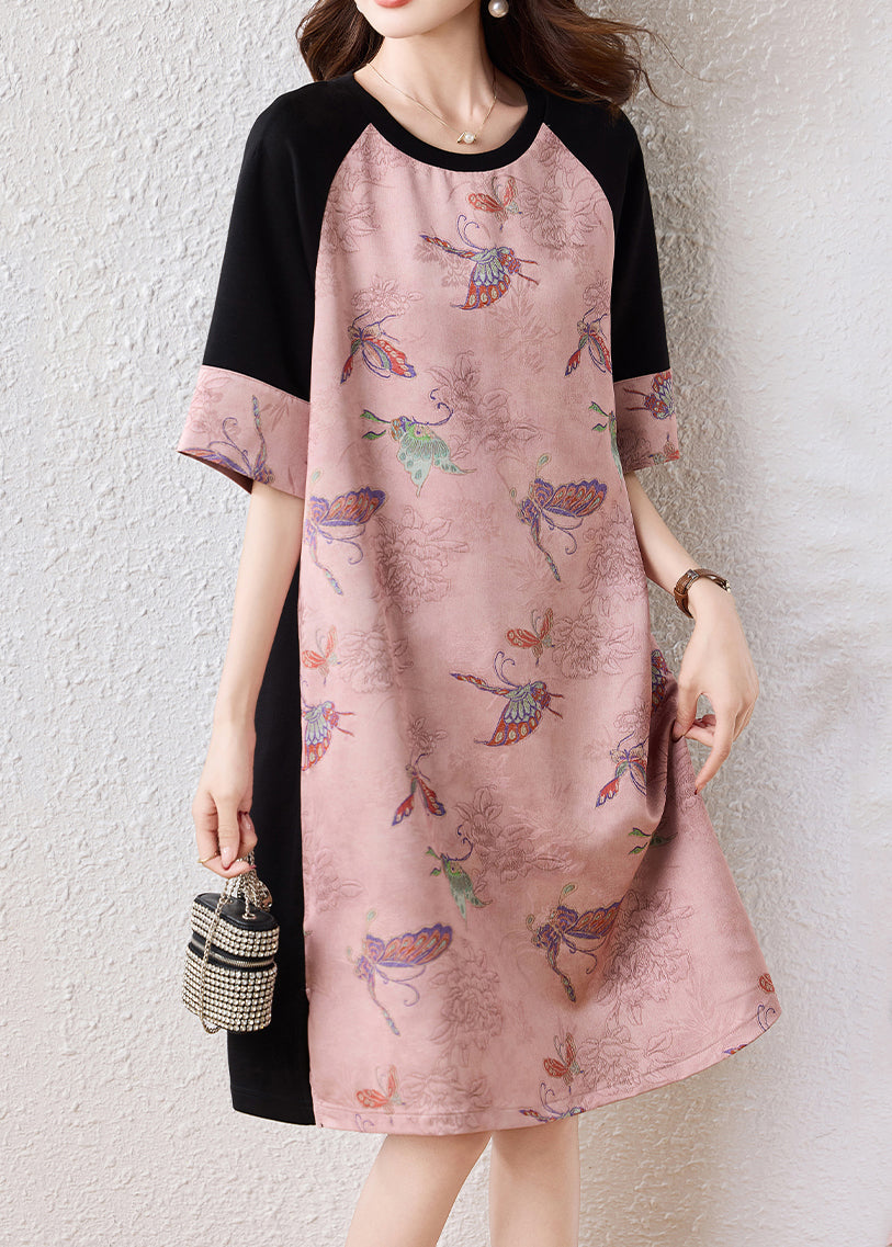 Pink Butterfly Patchwork Cotton A Line Dresses Half Sleeve