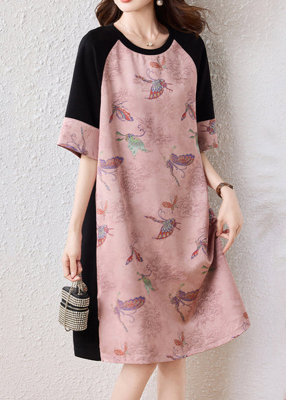 Pink Butterfly Patchwork Cotton A Line Dresses Half Sleeve