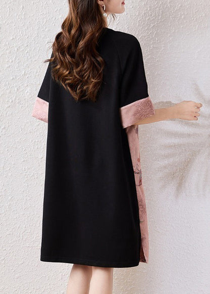 Pink Butterfly Patchwork Cotton A Line Dresses Half Sleeve
