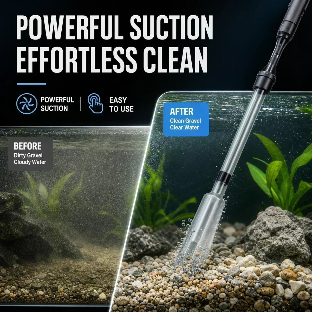 Electric Aquarium Gravel Cleaner—battery-operated, adjustable length, and easy to use—suitable for all aquariums