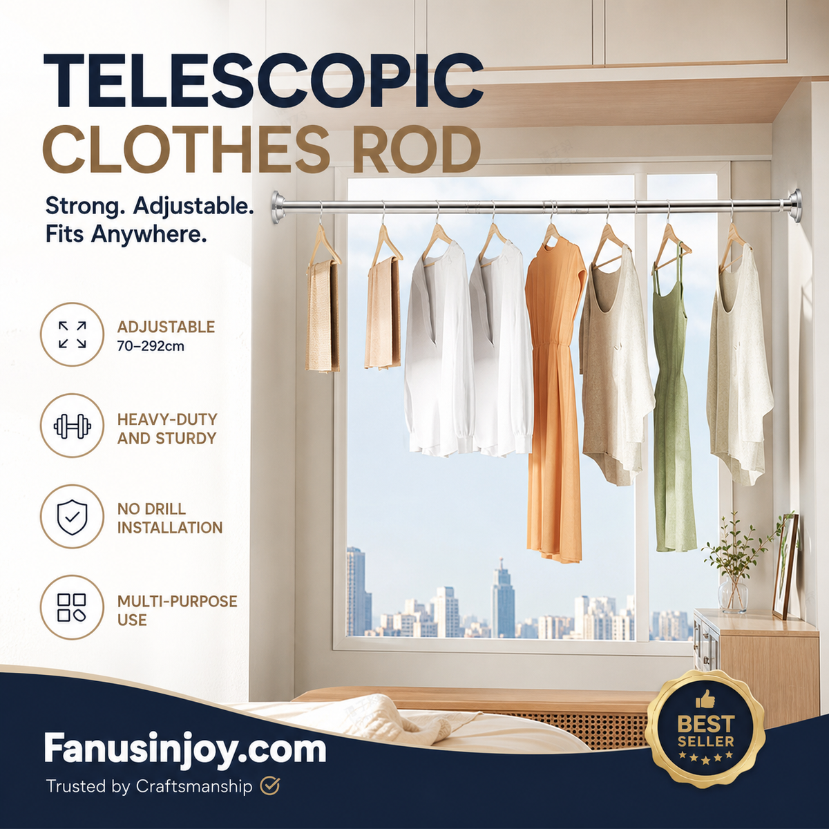 Create storage space anywhere anytime！Adjustable No-Drill Tension Rod